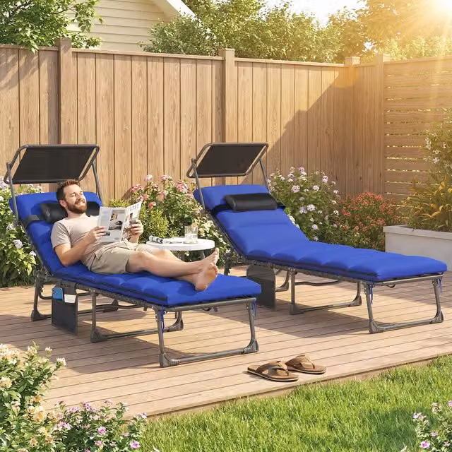 Outsunny Set of 2 Folding Sun Loungers with Canopy in Dark Blue