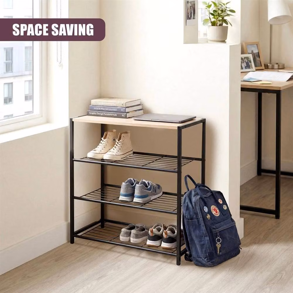 Kelvenix 3 Tier Metal and Wood Shoe Rack with Bench in Black – 3