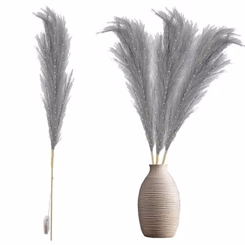 Shatchi Prelit Grey Pampas Grass Stem with Warm White LEDs, 100 cm