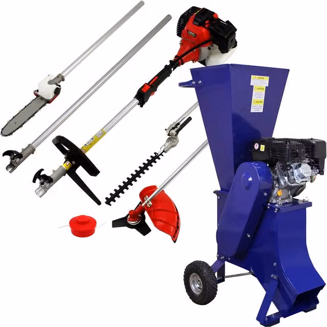 T-Mech 5 in 1 Multi Tool and 15HP Gas Wood Chipper with Blade, Blue