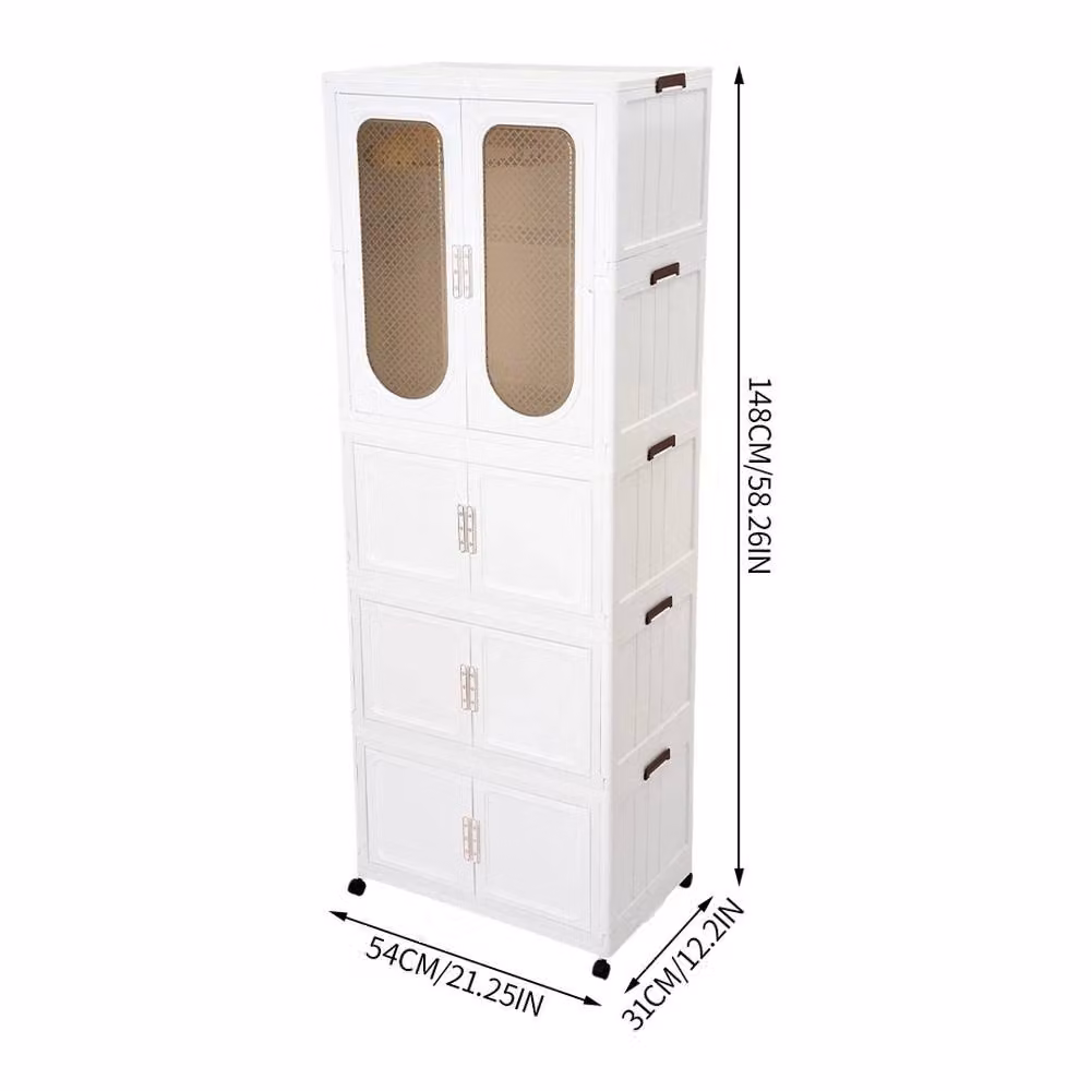 FORGEVIO Foldable 4-Unit Storage Cabinet Wardrobe with Wheels in White – 2