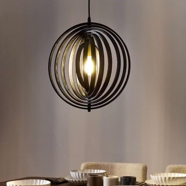 Wyld and Coco Black Poplar Wood Round Pendant Lamp with Adjustable Shade and Two Settings