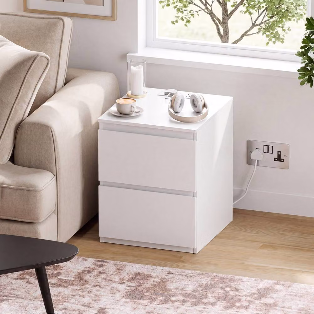 Vida Designs Denver 2 Drawer Large Bedside Chest with Power Outlet in White – 4