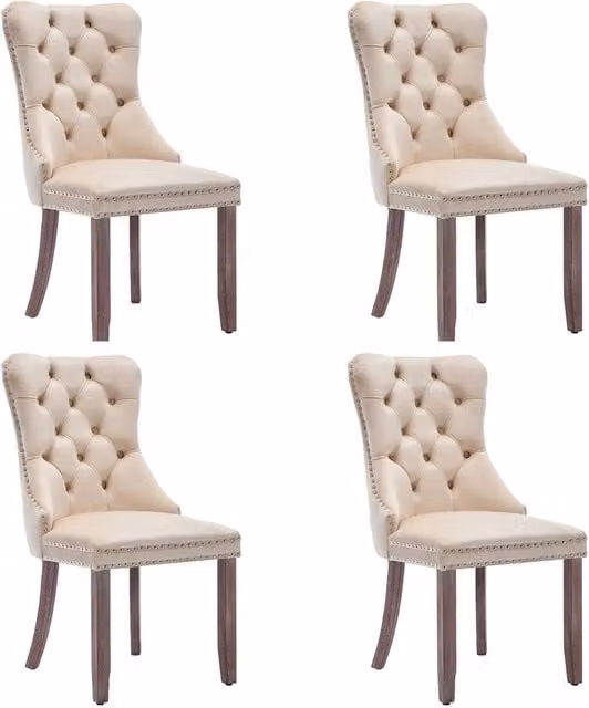 Merax Set of 4 Beige Velvet Button Tufted Dining Chairs with Rubberwood Legs