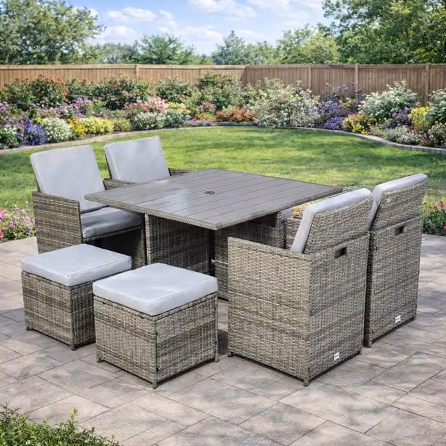 RayGar Modern 8 Seater Rattan Cube Garden Furniture Patio Set with Parasol Hole, Grey