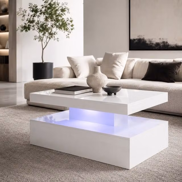 Moderna White Gloss Coffee Table with LED, W: 90 cm, D: 45 cm, H: 39 cm – 1