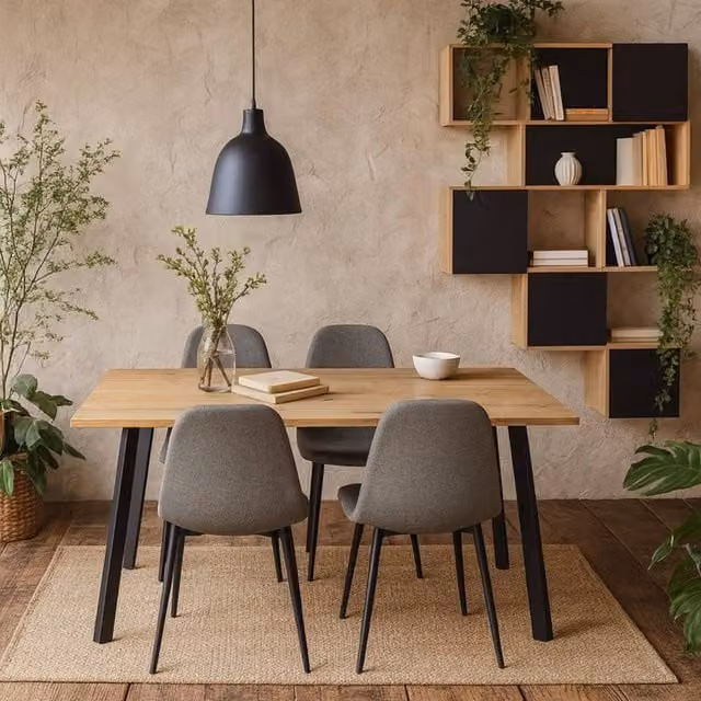 Wyld Haus Wellington Dining Set with Rectangular Natural Oak Effect Table and 4 Chairs in Black, Grey and Brown