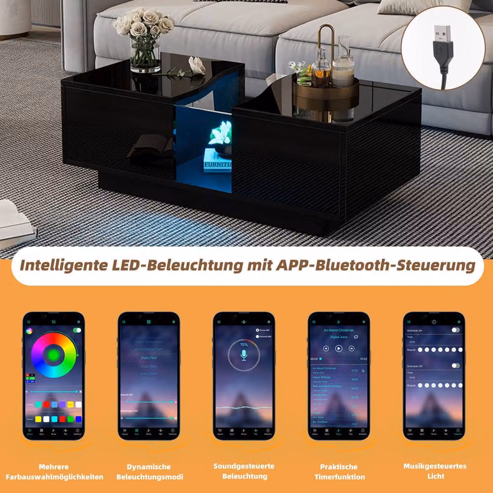BTM High Gloss LED Coffee Table with Drawers in Black, W/D/H: 120 x 50 x 40 cm – 6