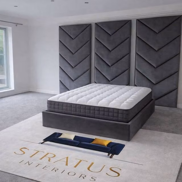 Stratus Interiors Optimus Luxury Velvet Bed Frame with Chevron Panel Headboard and Lift Up Base in Grey, W/D/H: 180 x 200 cm