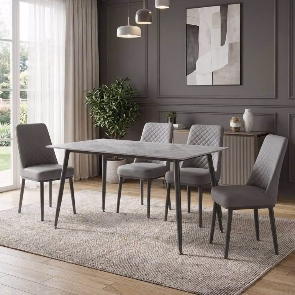 HOME LUXE INTERIOR Oxford Grey Ceramic Rectangular Dining Table and 4 Grey Upholstered Chairs Set – 2