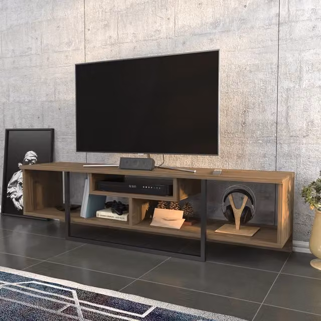 Asal Minimalist Walnut and Black Wood TV Unit