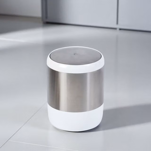 Showerdrape Elite White Satin and Silver Stainless Steel Bathroom Swing Bin, 6L