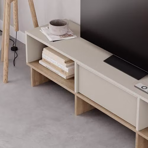 Hocus Picus Wall-Mounted Scandinavian TV Stand in Beige Oak with Soft-Close Drawers and Media Compartments, W: 118 cm, D: 35 cm, H: 40.8 cm – 3