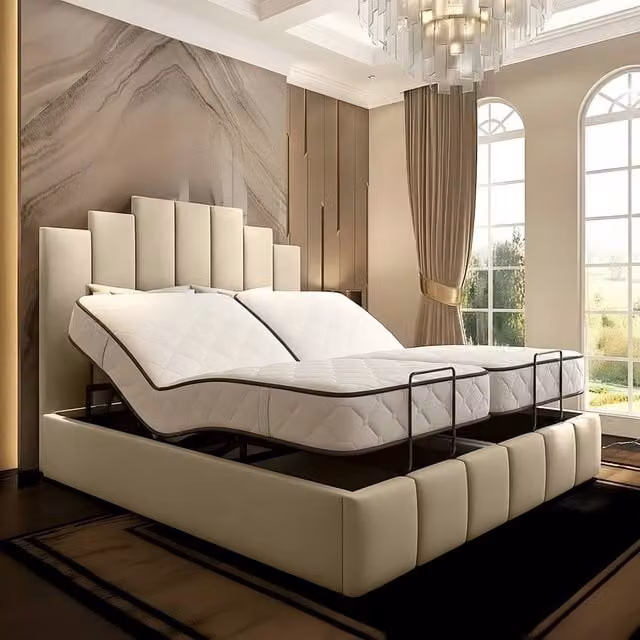 Paradise Beds Ltd Tech Art Deco Electric Adjustable Bed Set with Pocket Sprung Mattress in Cream, W/D: 200 x 200 cm
