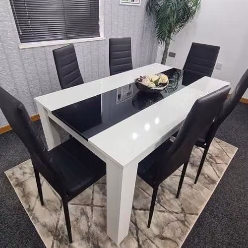 KOSY KOALA Modern Dining Table Set with 6 Black Faux Leather Chairs, White and Black Glass Top, W/D/H: 140 x 80 x 75 cm – 1