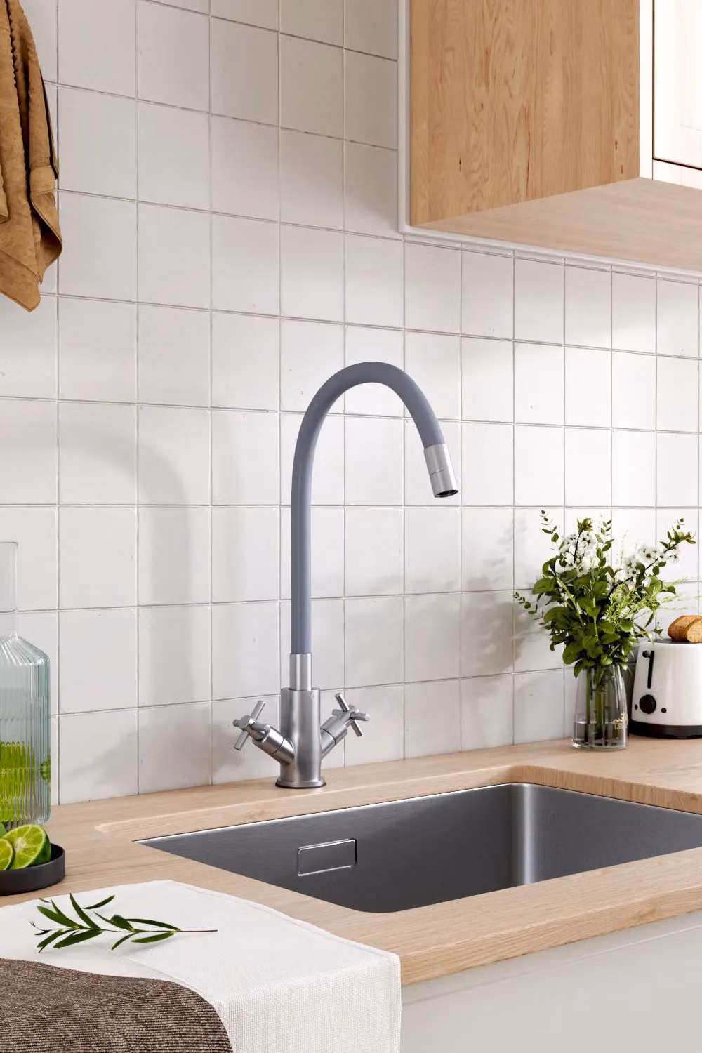 H&O Direct Dual-Handle Flexible Silicone Kitchen Mixer Tap in Grey Brushed Steel – 2