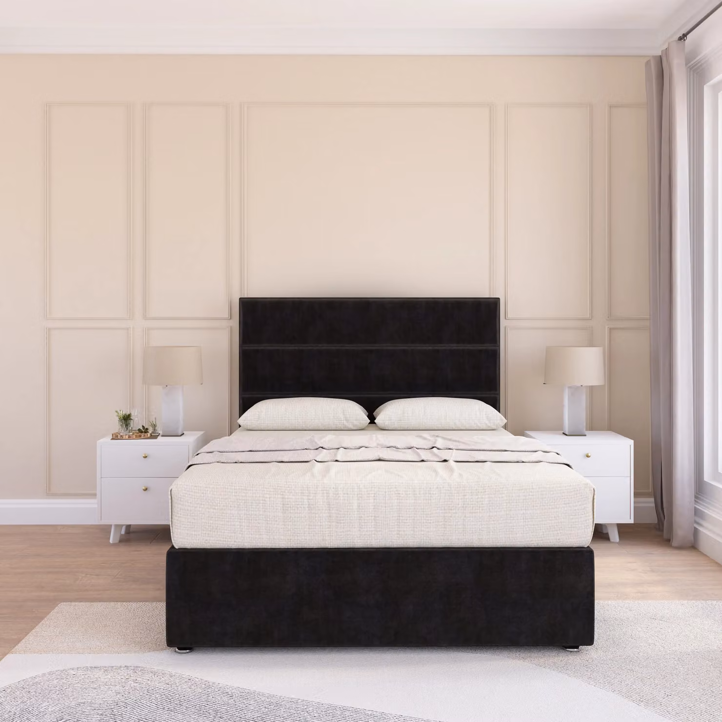 Sloomy Watson Chesterfield Divan Bed Base and Headboard Set in Black Velvet, Super King, W/D/H: 200 x 200 cm