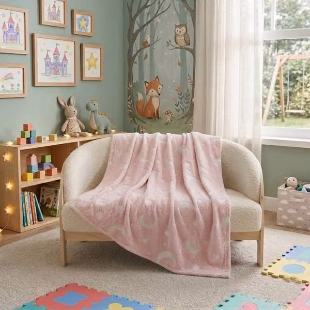 Snug City Pink Glow in the Dark Moon and Galaxy Fleece Blanket for Children