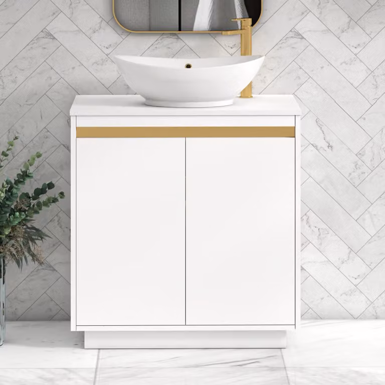 Royal Bathrooms Orion 800mm Matt White Floor Standing 2 Door Vanity Unit with Amaze Basin and Brushed Brass Accent Trim