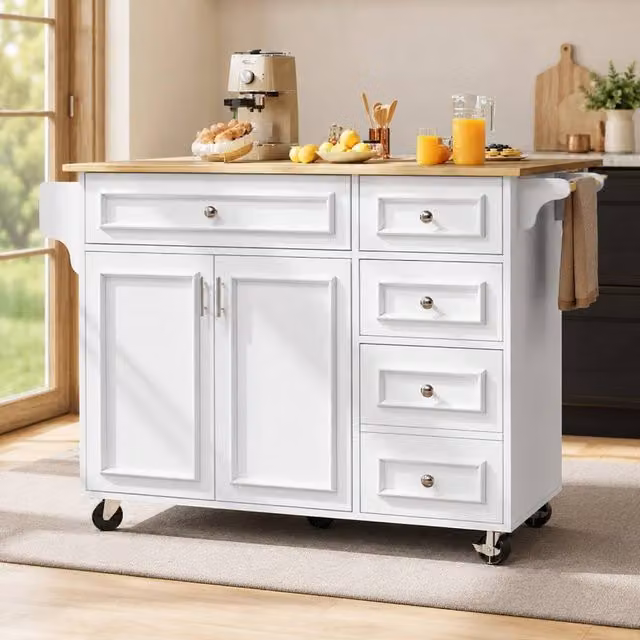 Merax Mobile Kitchen Island Serving Trolley with Foldable Worktop and 4 Drawers, White, W/D/H: 92 x 75 x 110 cm