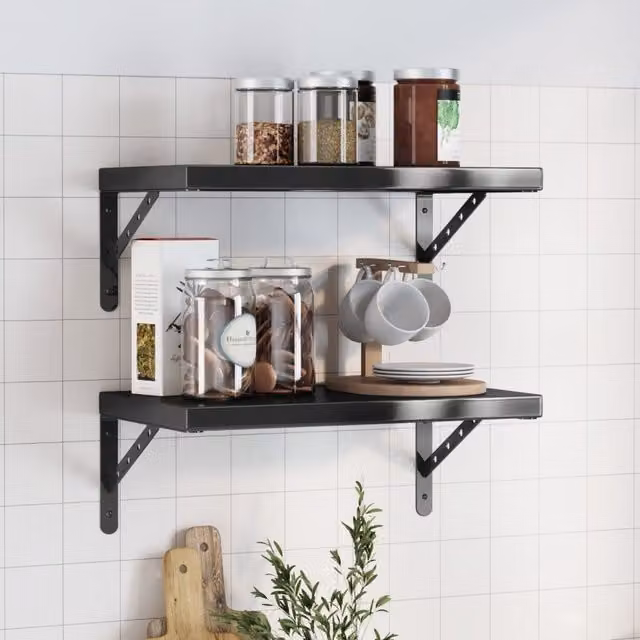 Berkfield Home Set of 2 Black Matt Metal Wall Shelves, W: 50 cm, D: 30 cm – 1