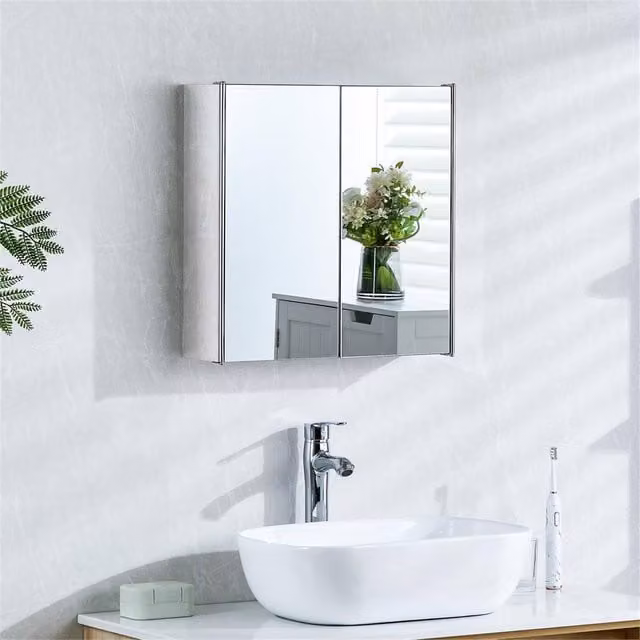 FORGEVIO Modern Wall Mounted 2 Door Bathroom Mirror Cabinet in Silver with Glass Hinged Doors and Internal Shelves