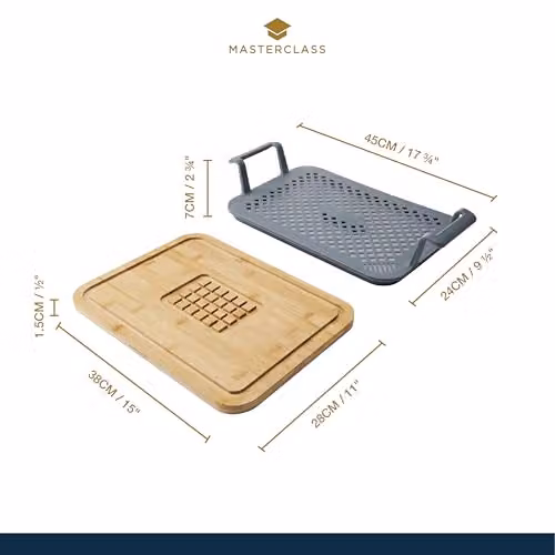MasterClass 2 Piece Roast and Rest Set in Grey, Heat Resistant Silicone and Wood Roasting Rack with Resting Board – 2