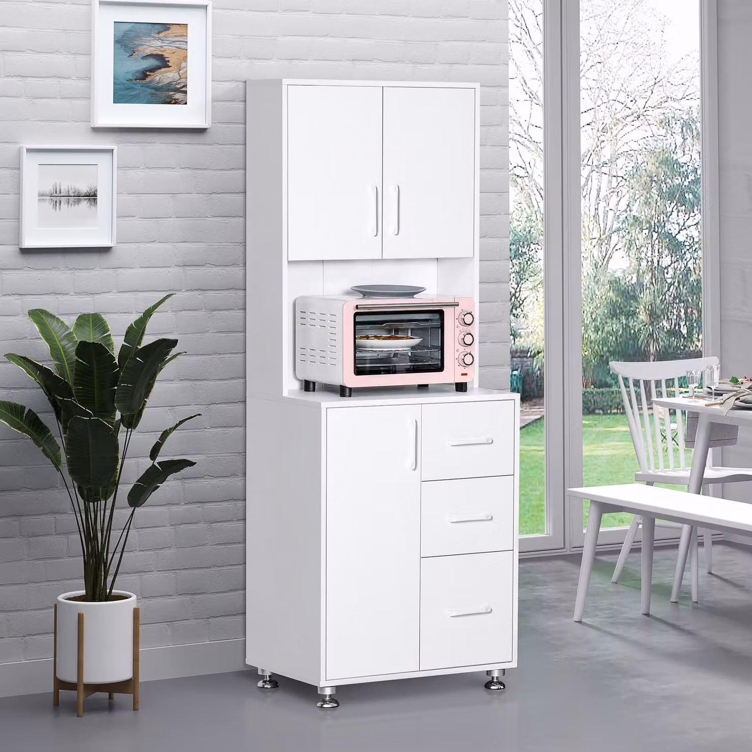 HOMCOM Modern White Larder Cupboard with 3 Drawers and Open Countertop, H 160 x W 60 x D 37 cm – 2