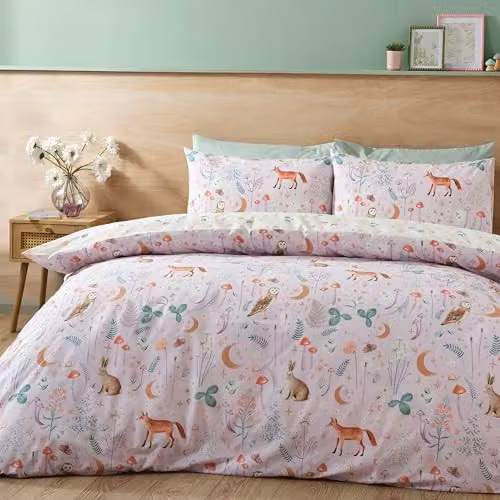 Catherine Lansfield Enchanted Twilight Animals Reversible Double Duvet Cover and Pillowcase Set in Purple, W/D/H: 200 x 200 cm and 50 x 75 cm – 1