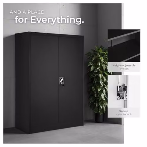 tectake Metal Lockable Filing Cabinet with Adjustable Shelves and Hinged Doors, Black or Grey, H 140 x W 90 x D 40 cm – 6