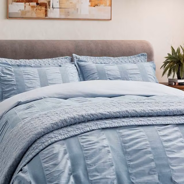 Bedeck of Belfast Blue Woven Waffle Stripe Cotton Duvet Cover and Pillowcase Set, W/D/H: 200 x 200 cm – 1