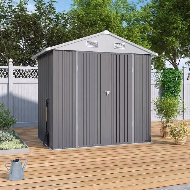 Lifeideas Apex Metal Garden Shed with Roof Vents in Grey and White, W: 200 cm, D: 124 cm, H: 188.2 cm