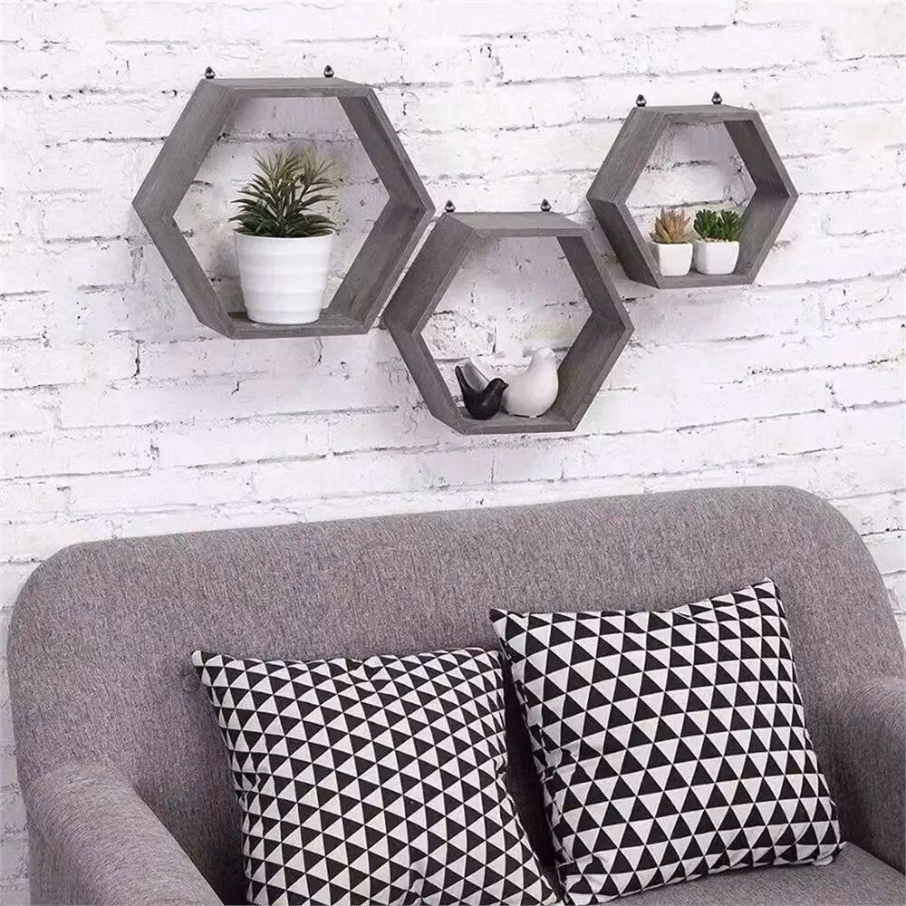 VOGREX Grey Hexagon Floating Wall Shelves, Set of 3 Matt Geometric Honeycomb Display Racks – 2