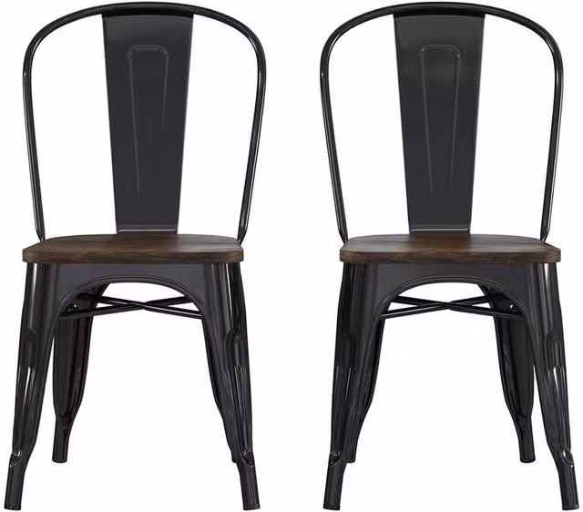 Fusion Set of 2 Black Metal and Wood Dining Chairs with Antique Matt Finish