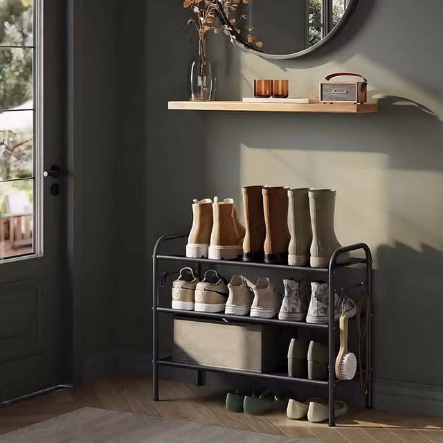 The Bazaarist 3 Tier Adjustable Metal Shoe Rack with Hooks in Matt Black
