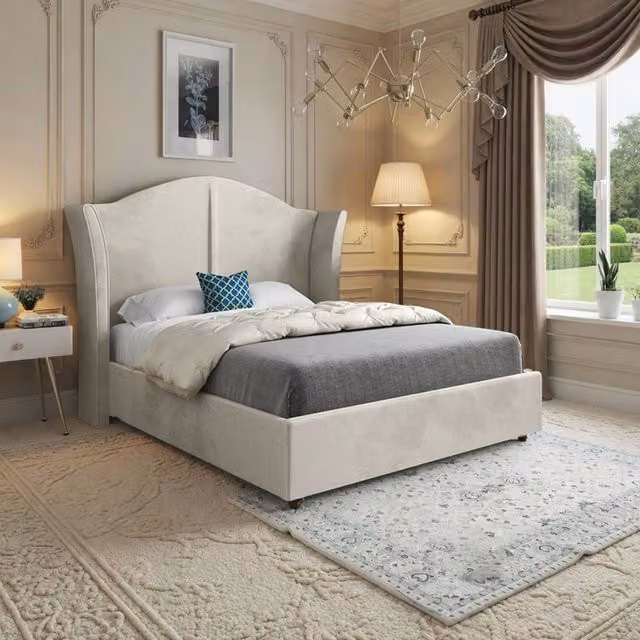 Casani Tirley Curved Winged Upholstered Designer Bed Frame in Beige Soft Velvet, W/D/H: 180 x 200 cm – 1