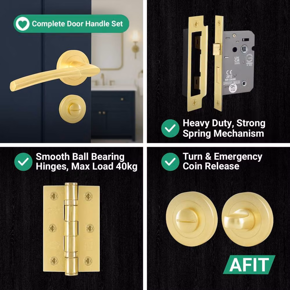 AFIT Gold Brass Bathroom Handle Rose Kit with Lever, Lock and Hinges, W/D/H: 15 x 15 x 6.2 cm – 6