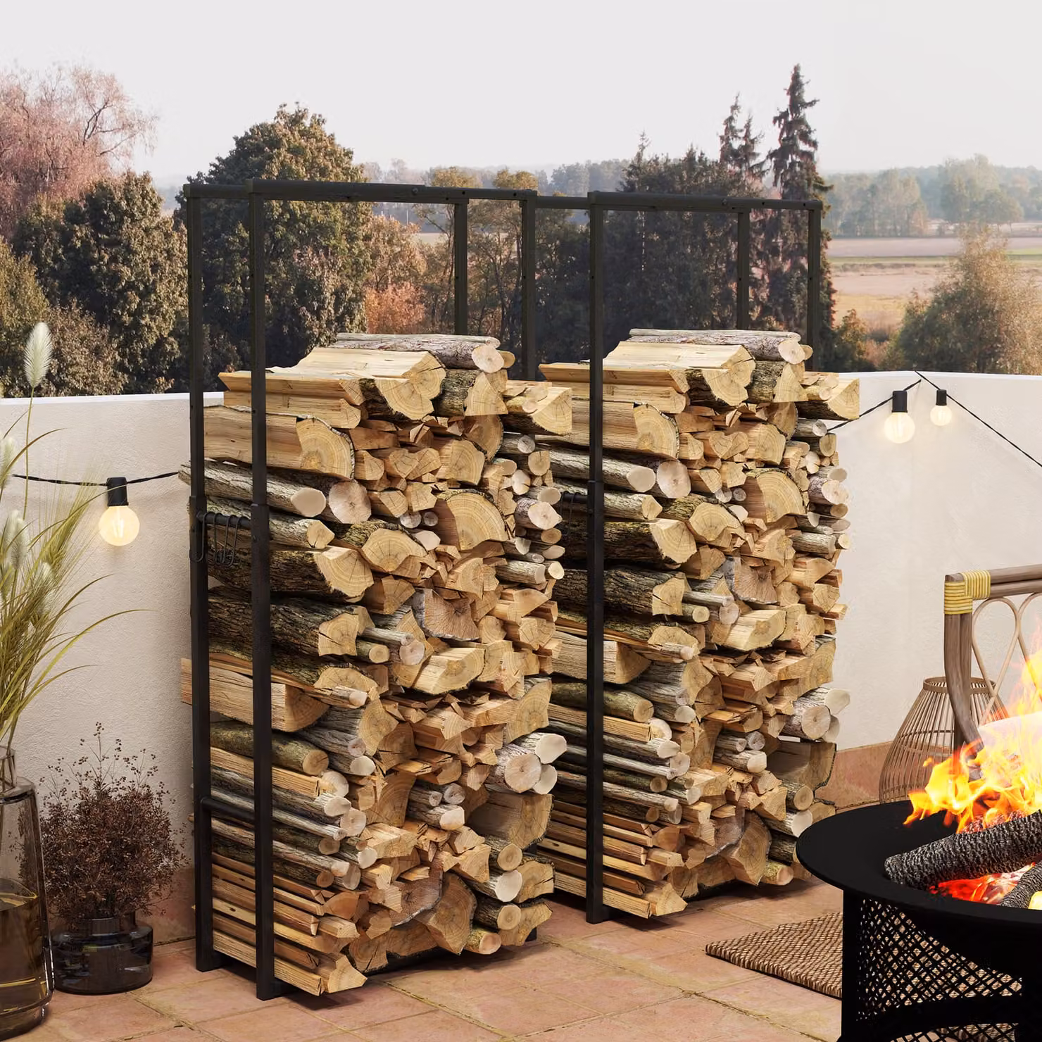 Outsunny Set of 2 Retractable Metal Firewood Log Racks in Black, H 150 x W 65 x D 25 cm – 2