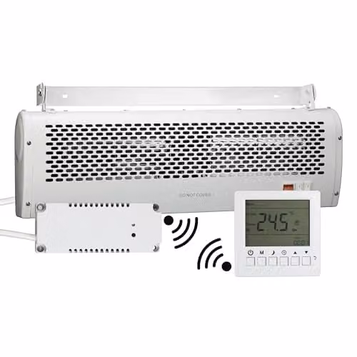 TCP 3kW Air Curtain Heater in White with 2 Heat Settings, Cooling Mode and RF Wireless 7-Day Programmable Thermostat – 1