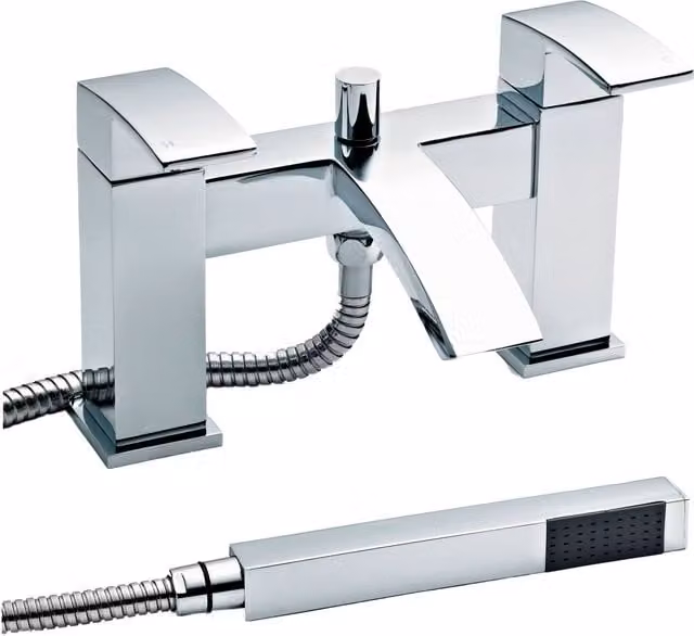 Balterley Contemporary Square Dual Lever Deck Mounted Bath Shower Mixer Tap with Ceramic Disc Technology, Chrome/Silver, W: 22.9 cm, D: 12.7 cm, H: 13.8 cm