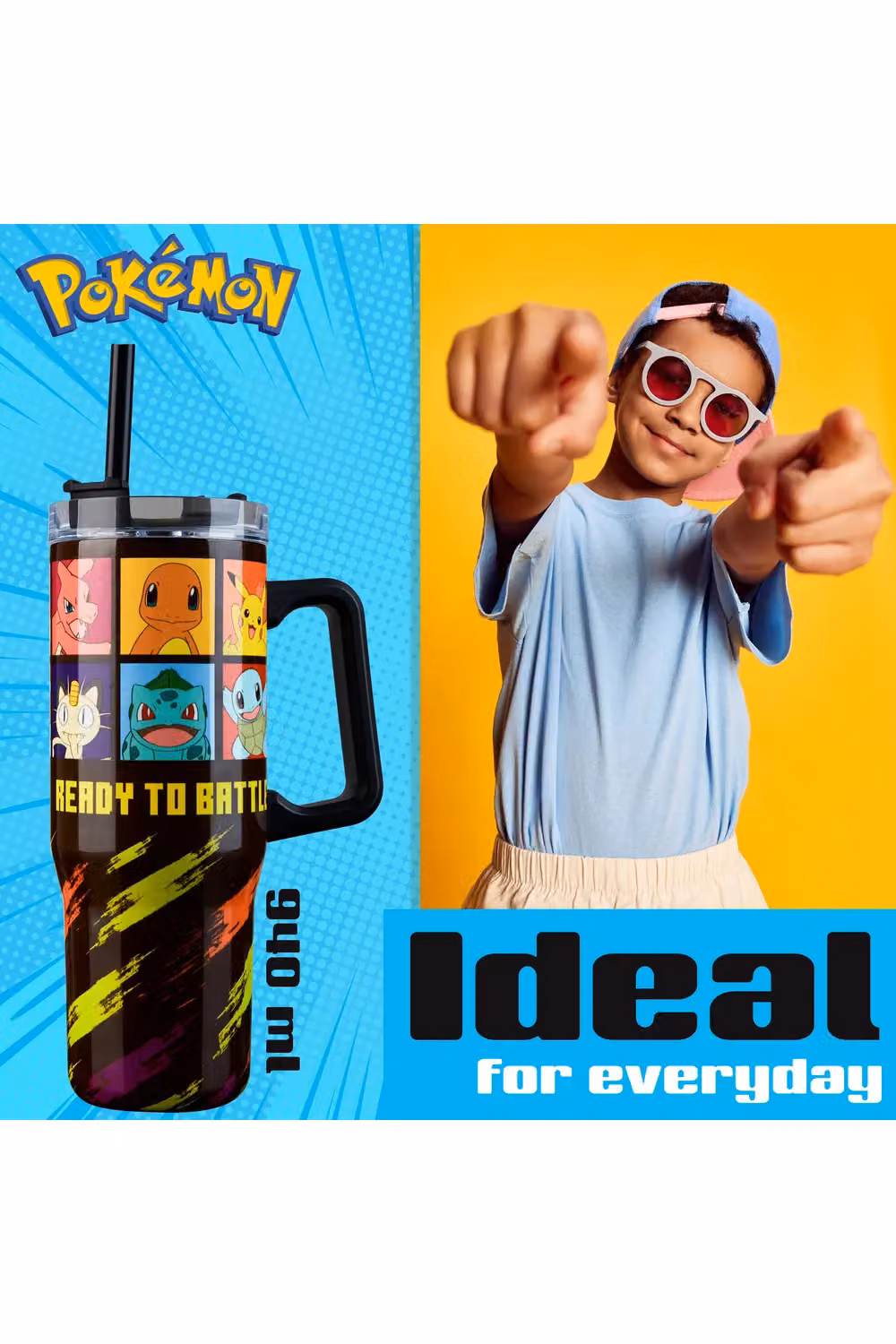 Pokemon Insulated Travel Mug with Straw and Handle, Black and Multicolour, 940ml – 9