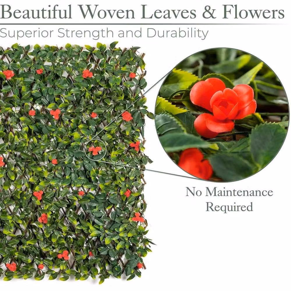 NESTLUNE Red and Green Artificial Floral Trellis with Wood Accents, W 100 cm x H 100 cm – 3