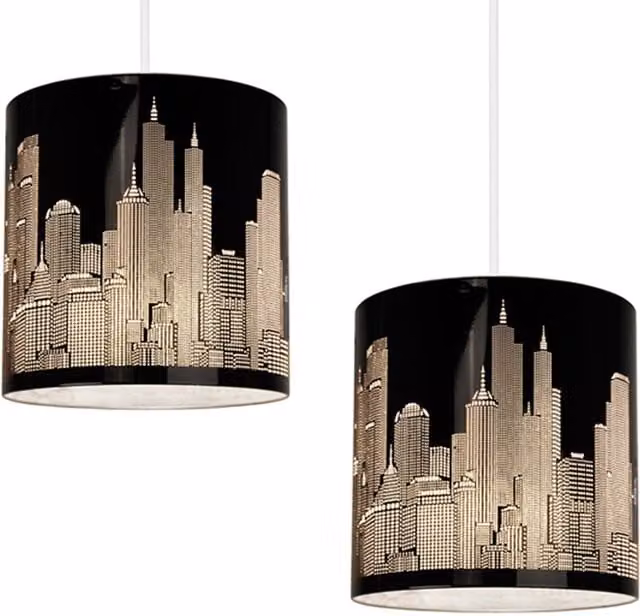 ValueLights Pair of Modern Gloss Black New York Skyline Cylinder Ceiling Pendant Shades
