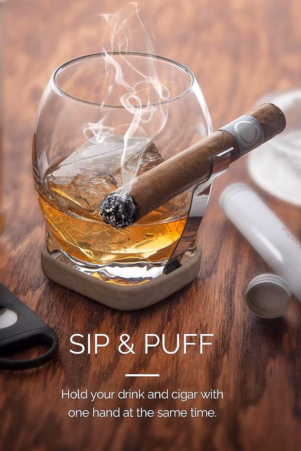 Final Touch Clear Whiskey Tumbler with Adaptable Cigar Holder and Lead-Free Glass – 2