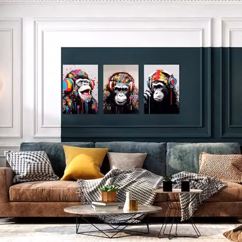Simpa Headphone Apes 3 Panel Canvas Wall Art, Multicolour Modern Animal Illustration – 4