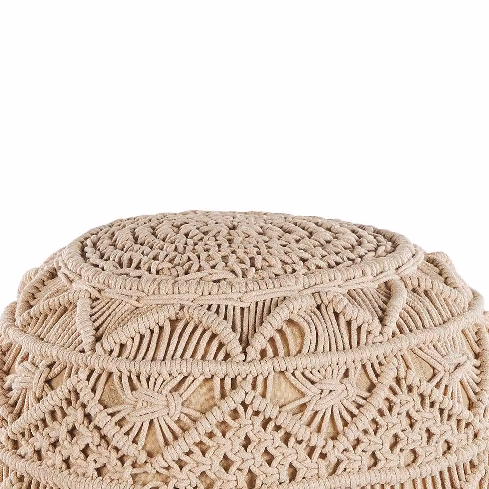 Wyld and Coco Beige Knitted Cotton Pouffe - Chunky Crochet Cylindrical Footstool W/D/H: 40 x 40 x 40 cm – 2