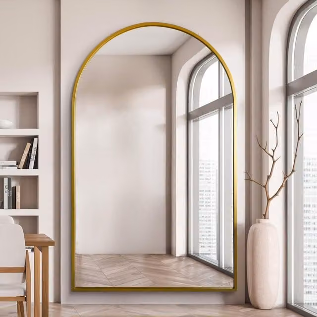 MirrorOutlet The Arcus Framed Arched Leaner Wall Mirror in Gold