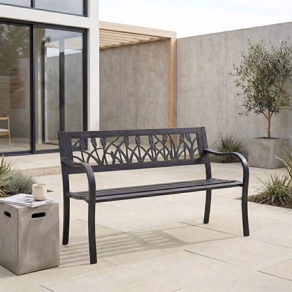 FLAVORA 3-Seater Tulip Style Steel Outdoor Garden Bench in Grey – 2