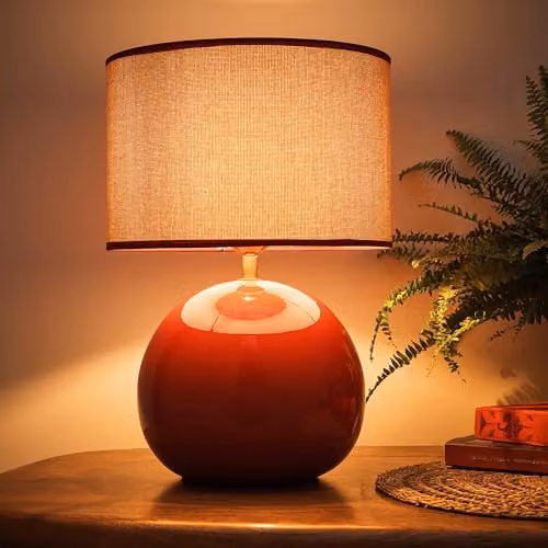 K LIVING Lata Round Ceramic Table Lamp in Red with Fabric Shade, Height: 44 cm – 2
