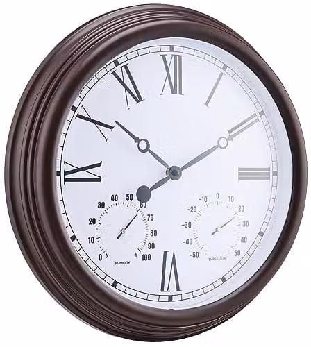 Burwells Vintage Outdoor Waterproof Garden Wall Clock with Hygrometer and Thermometer in Brown, Diameter: 38 cm